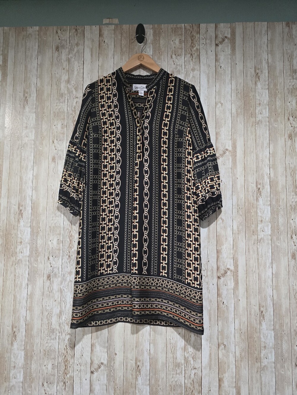 Sara Campbell Preppy Black Chain Print Bishop Sleeve A-Line Dress 2 USA Made